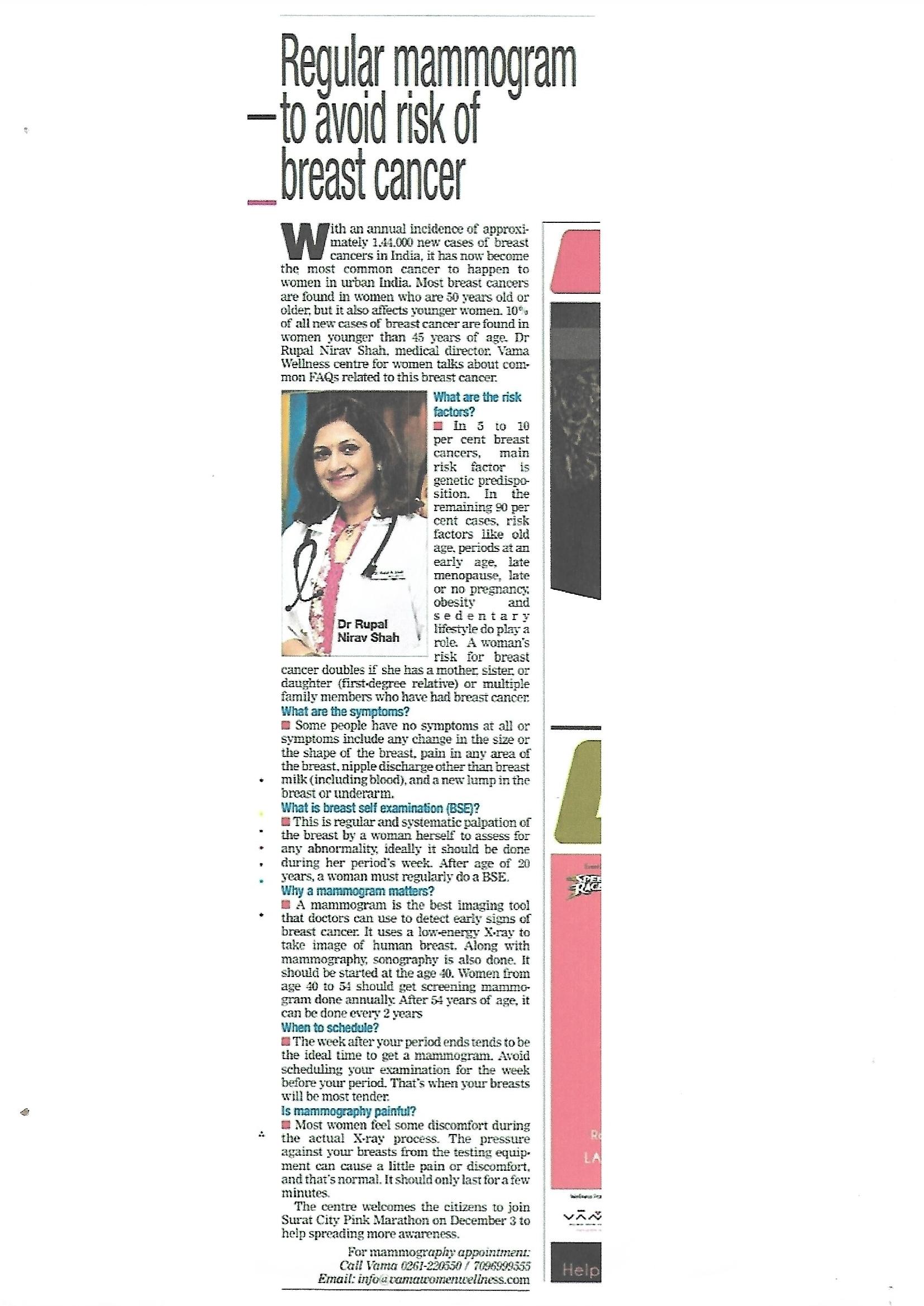 Health awareness article - Breast cancer, Newspaper: TOI
