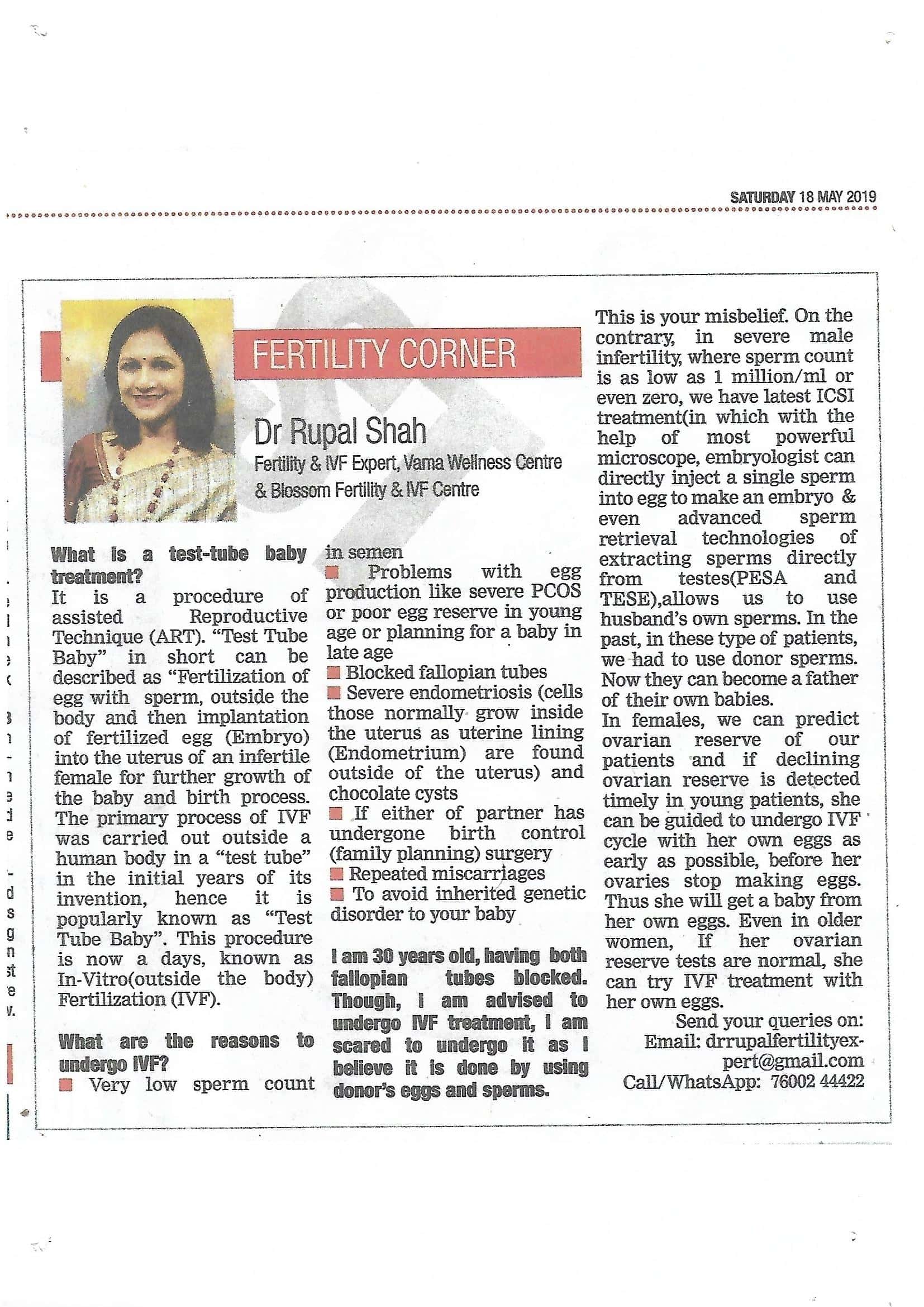 Health awareness article - Fertility corner, Newspaper: Times Of India