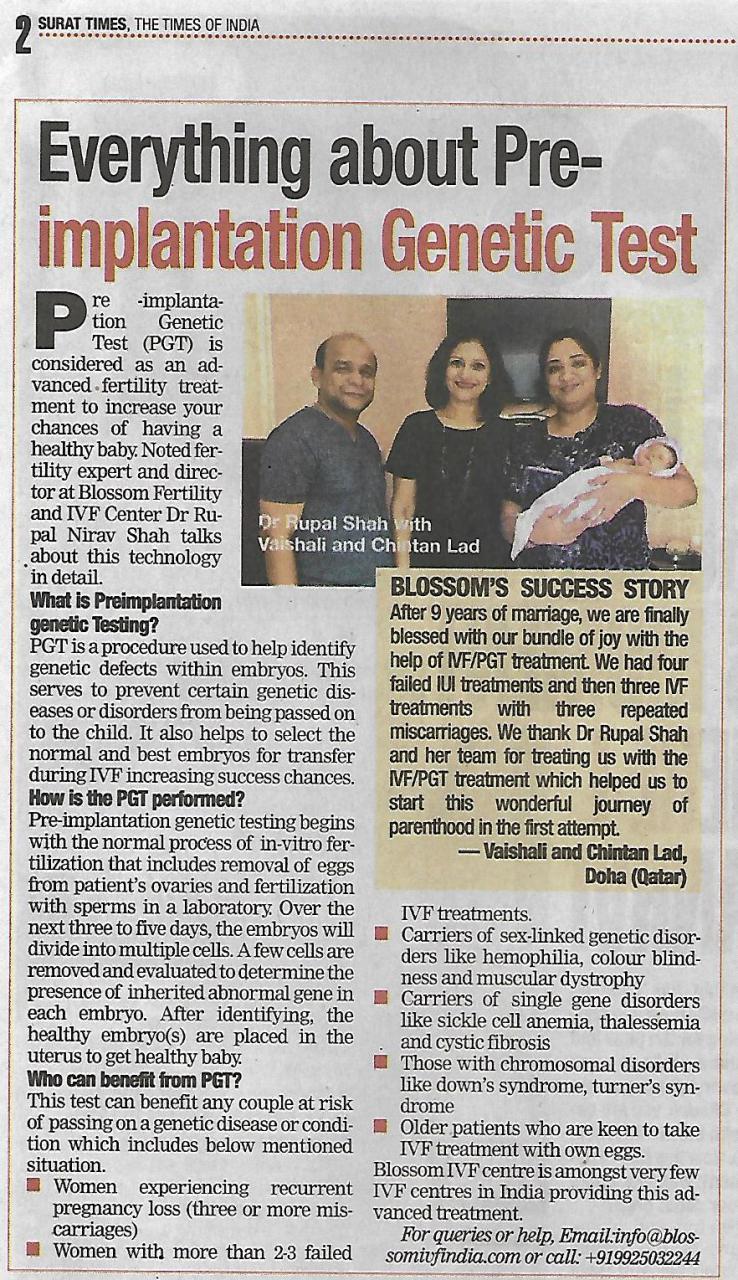 Health awareness article - Everything about Pre-implantation genetic diagnosis, Newspaper: Times Of India