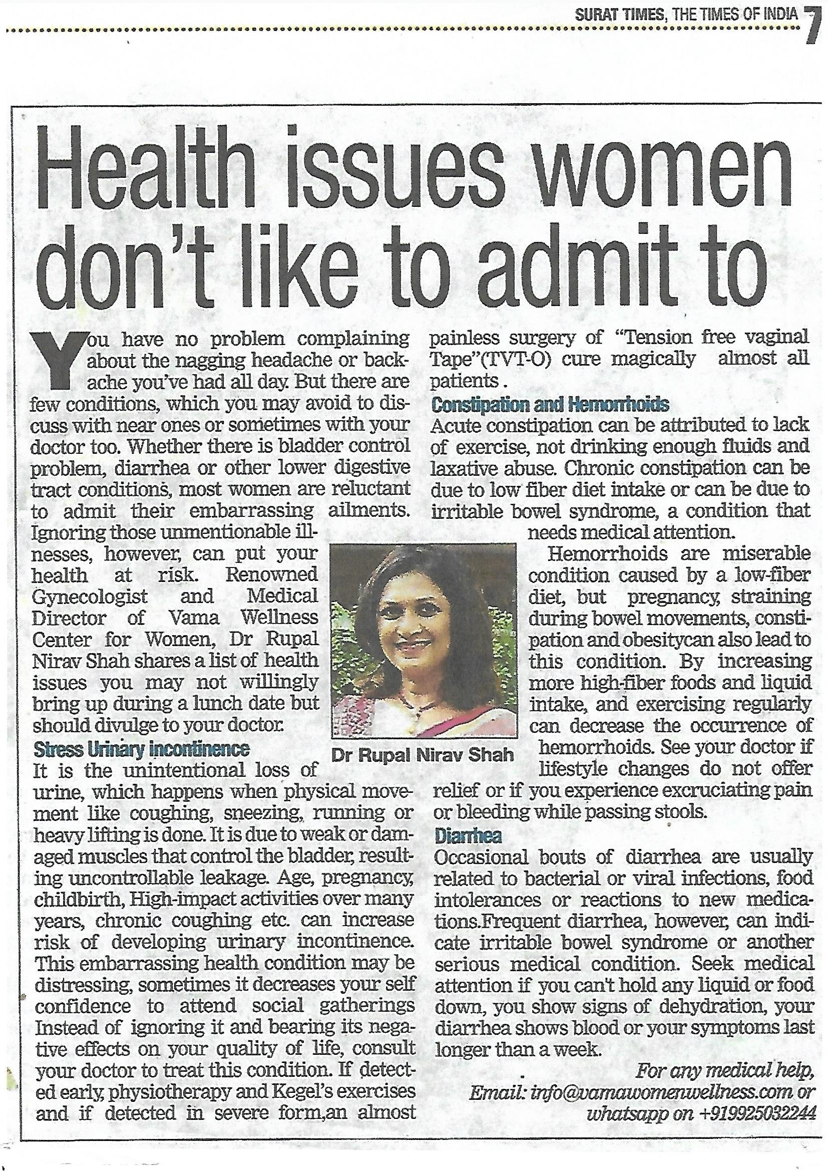 Health awareness article - Health Issues women dont like to admit to, Newspaper: Times Of India